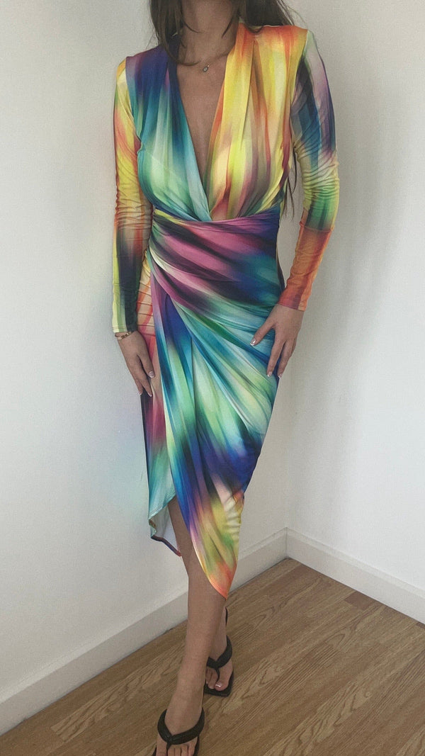 Long sleeve plunge 2024 vintage print maxi dress